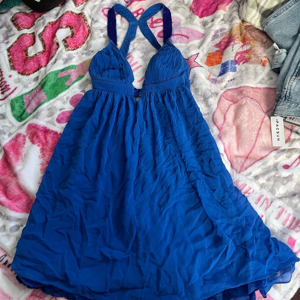 blue cache dress with beaded straps
